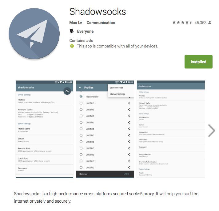 在Google Play商店中使用Shadowsocks Android应用程序。